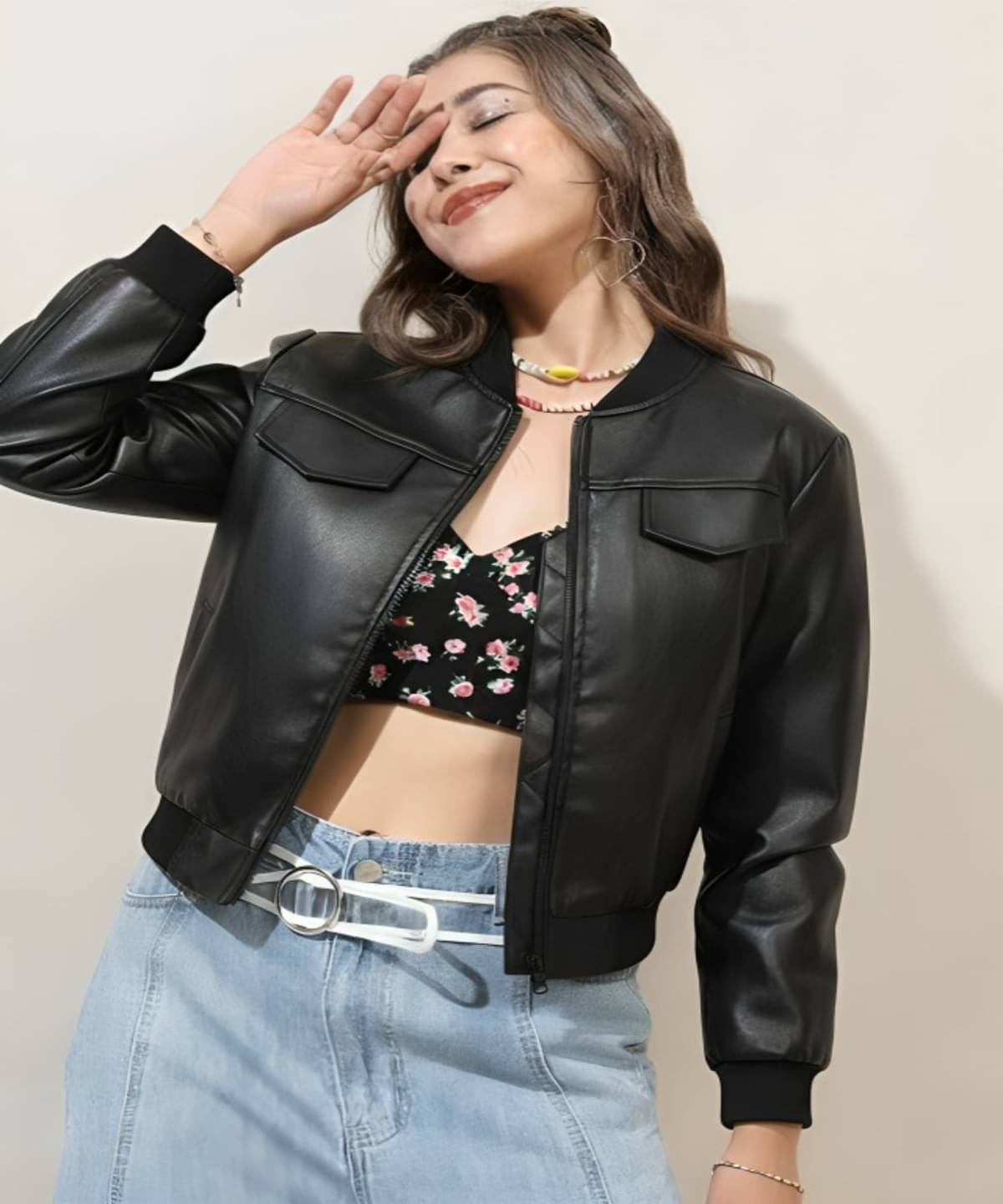     			PLUS PARADISE Women High Neck Leather Jacket ( Black )