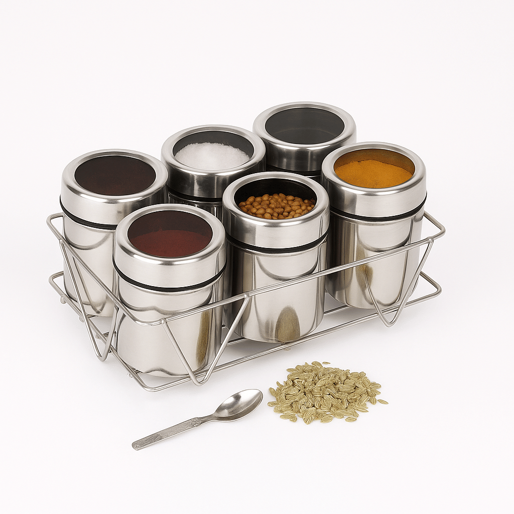     			STEEPLE Steel Silver Spice Container ( Set of 6 )