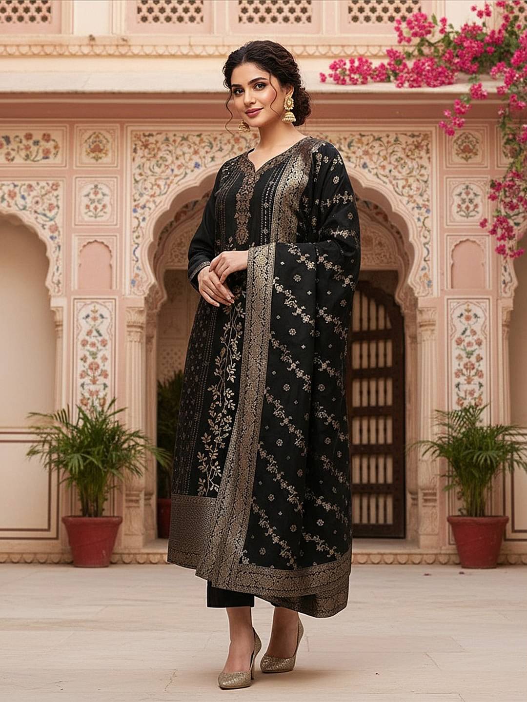 Vaamsi Women Chanderi Self Design Straight Kurti With Pants ( Black )     			Vaamsi Women Chanderi Self Design Straight Kurti With Pants ( Black )