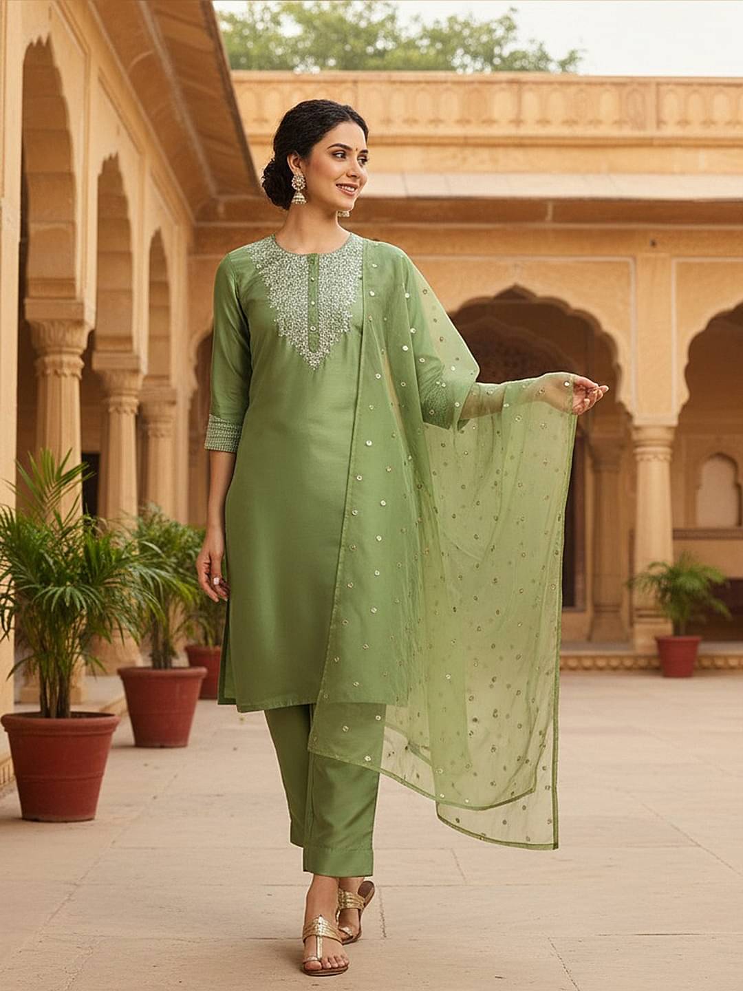     			Vaamsi Women Polyester Embroidered Straight Kurti With Pants ( Green )