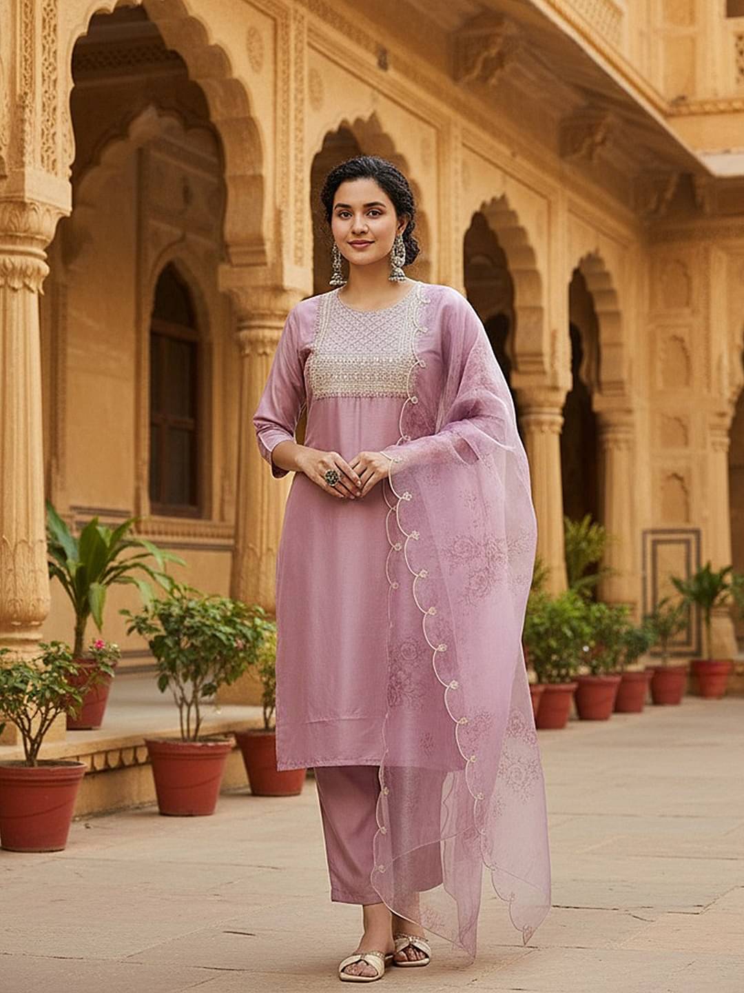 Vaamsi Women Silk Blend Embellished Straight Kurti With Pants ( Lavender ) Vaamsi Women Silk Blend Embellished Straight Kurti With Pants ( Lavender )