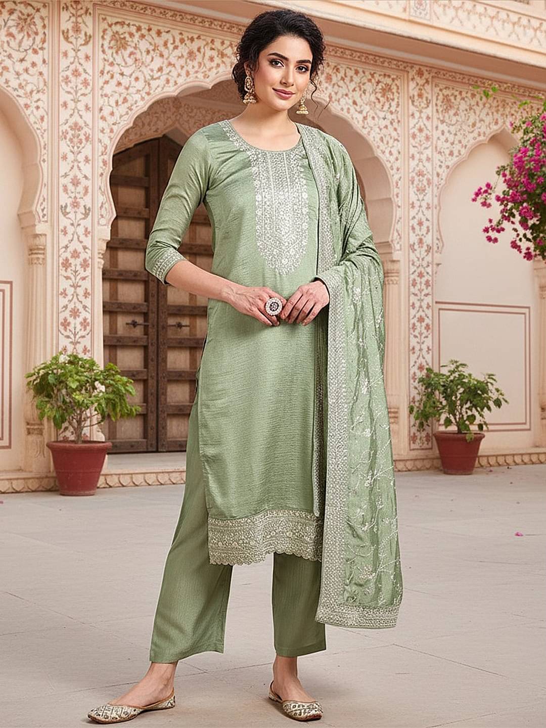 Vaamsi Women Silk Blend Embroidered Straight Kurti With Pants ( Green )     			Vaamsi Women Silk Blend Embroidered Straight Kurti With Pants ( Green )