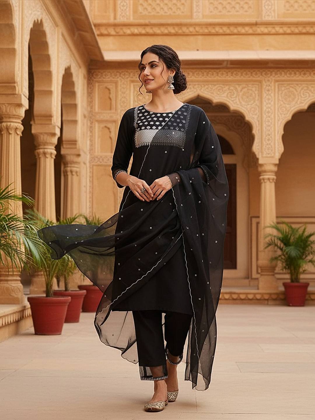     			Vaamsi Women Silk Blend Embroidered Straight Kurti With Pants ( Black )