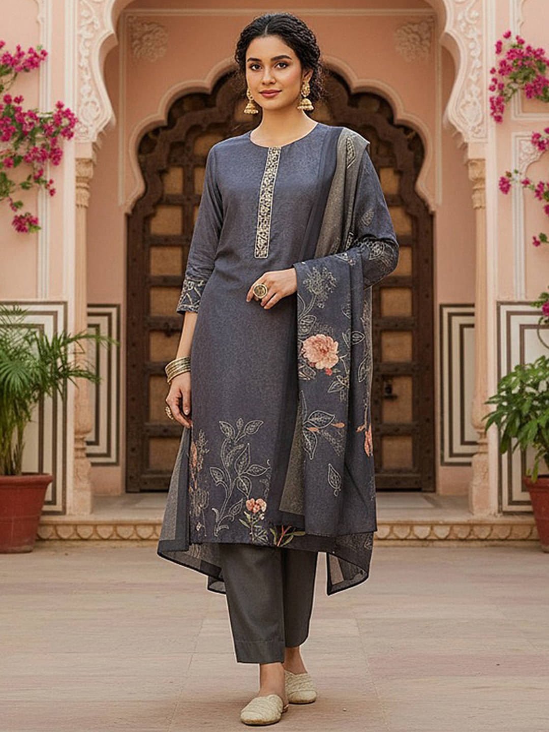     			Vaamsi Women Silk Blend Printed Straight Kurti With Pants ( Light Grey )