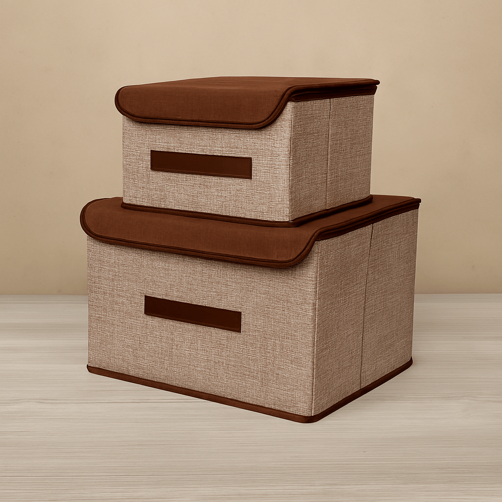 Waji Va Set of 2 Non Woven Foldable Space Saver Storage Box Wardrobe Closet Organizer Stackable Basket Bins with Lid and Handle for Clothes Toys Books Beige and Brown Waji Va Set of 2 Non Woven Foldable Space Saver Storage Box Wardrobe Closet Organizer Stackable Basket Bins with Lid and Handle for Clothes Toys Books Beige and Brown