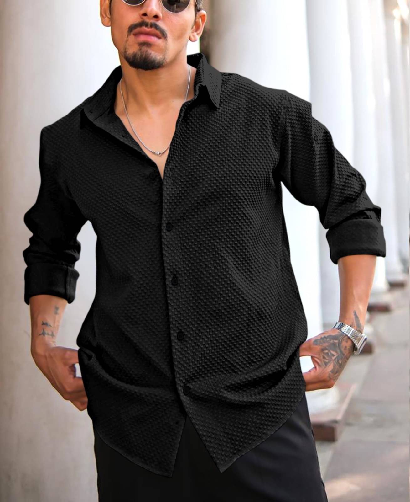     			coolcollar Cotton Blend Regular Fit Self Design Full Sleeves Men's Casual Shirt - Black ( Pack of 1 )