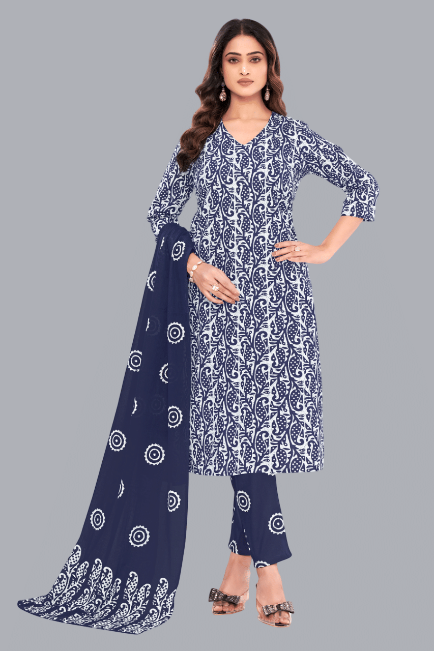 shree jeenmata collection Women Cotton Printed Straight Kurti With Pants ( Navy Blue ) shree jeenmata collection Women Cotton Printed Straight Kurti With Pants ( Navy Blue )