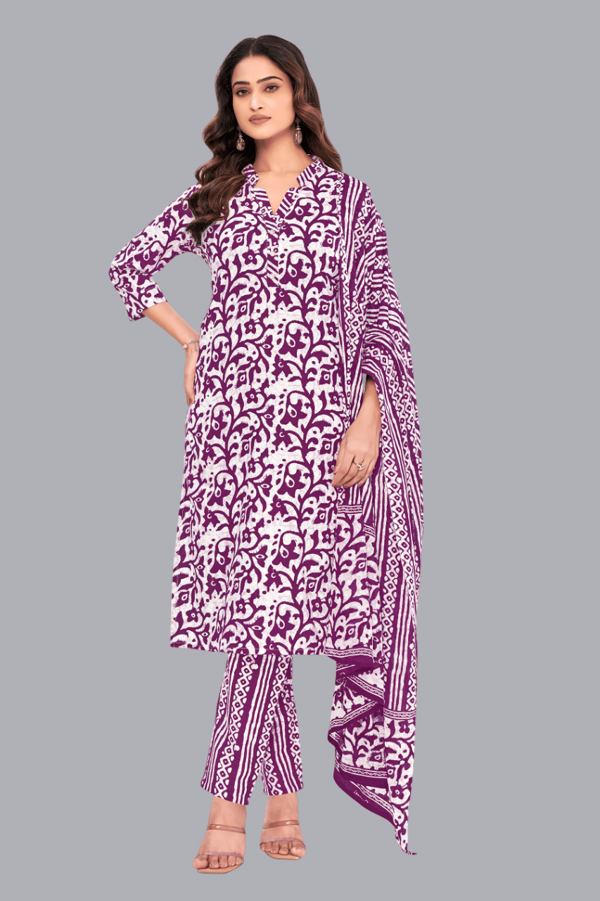 shree jeenmata collection Women Cotton Printed Straight Kurti With Pants ( Purple )