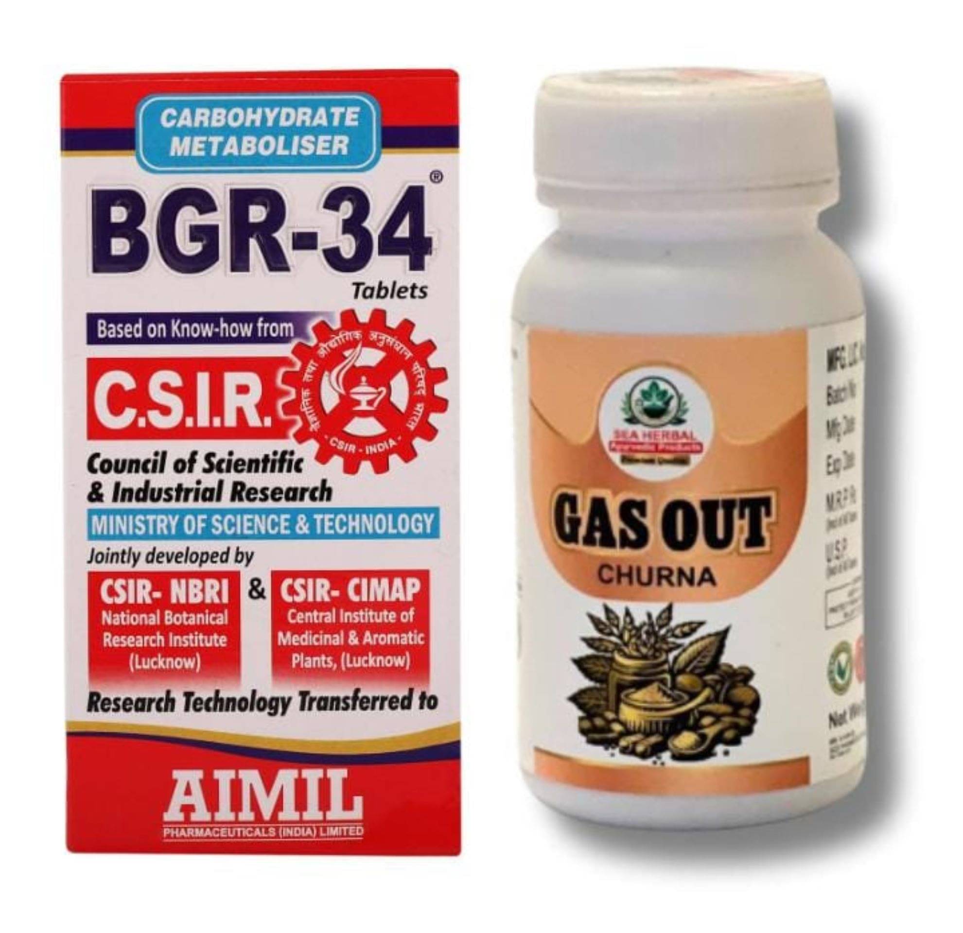 AIMIL BGR 34 (100 TABLETS ) + GAS OUT CHURNA     			AIMIL BGR 34 (100 TABLETS ) + GAS OUT CHURNA