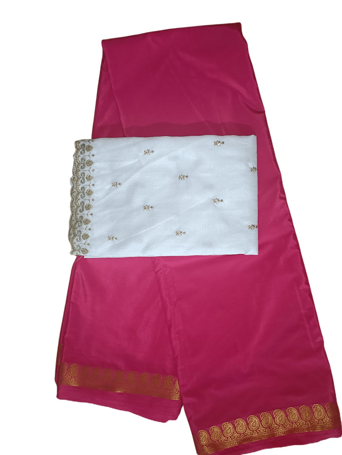 Aaradhyaa Crepe Embroidered Regular Saree With Unstitched Blouse Piece ( Pink,Gold,White )     			Aaradhyaa Crepe Embroidered Regular Saree With Unstitched Blouse Piece ( Pink,Gold,White )