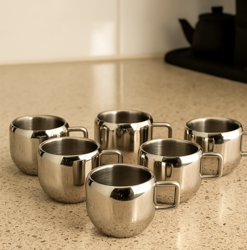     			Aquasleri Solid Steel Tea Cup 90 ml ( Pack of 6 )