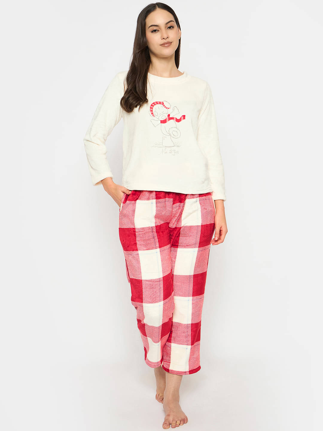     			Camey Woollen Checked Women Top with Pyjama ( Cream )