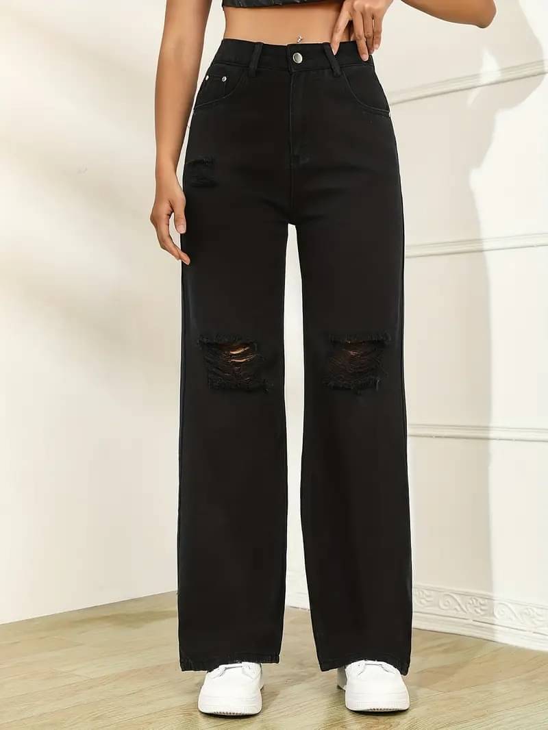     			DS MALL Women's Straight Fit High-Rise Jeans ( Black )