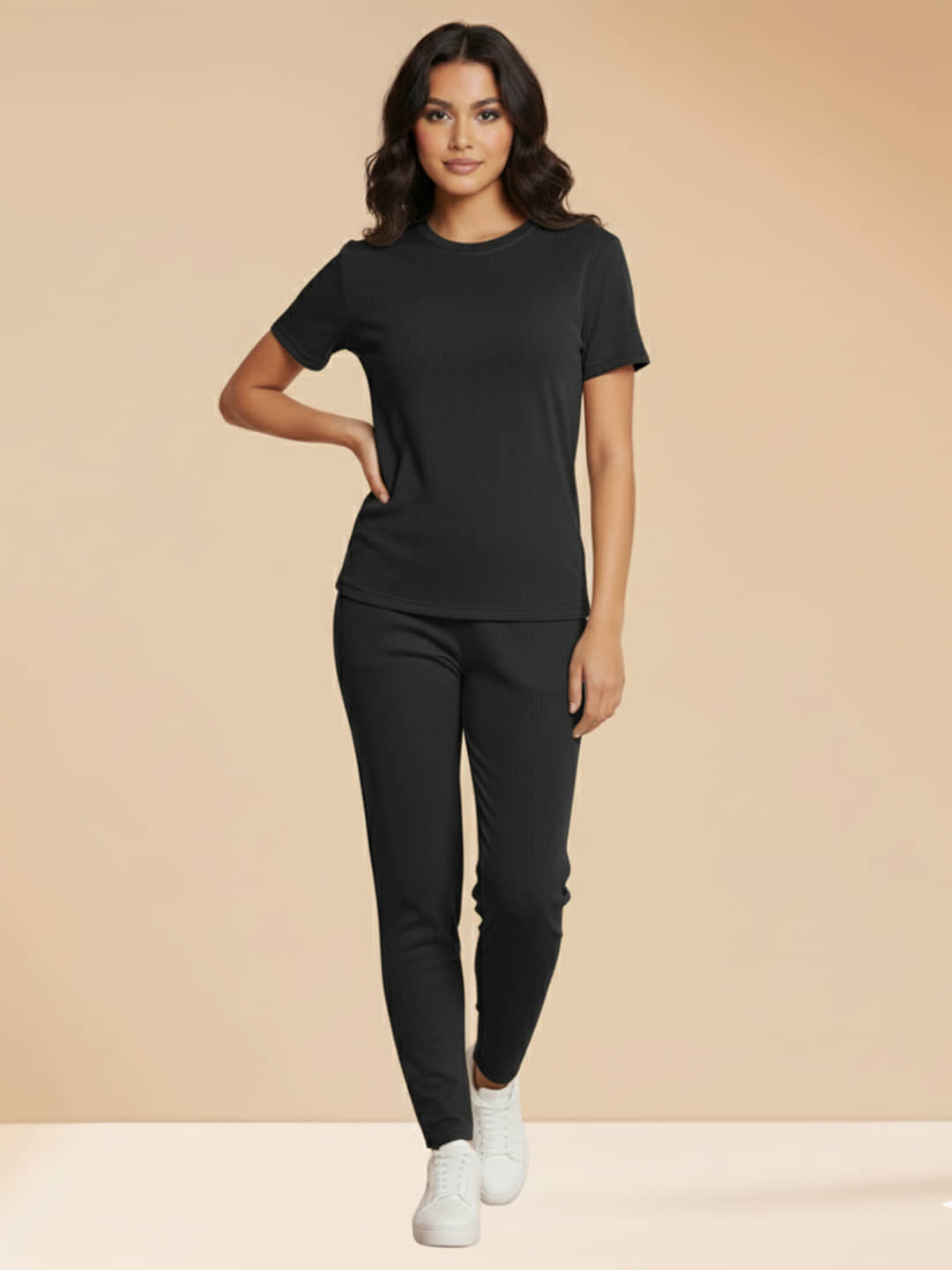 DTR FASHION Women Solid T-Shirt With Trousers Co-Ord Set ( Black )