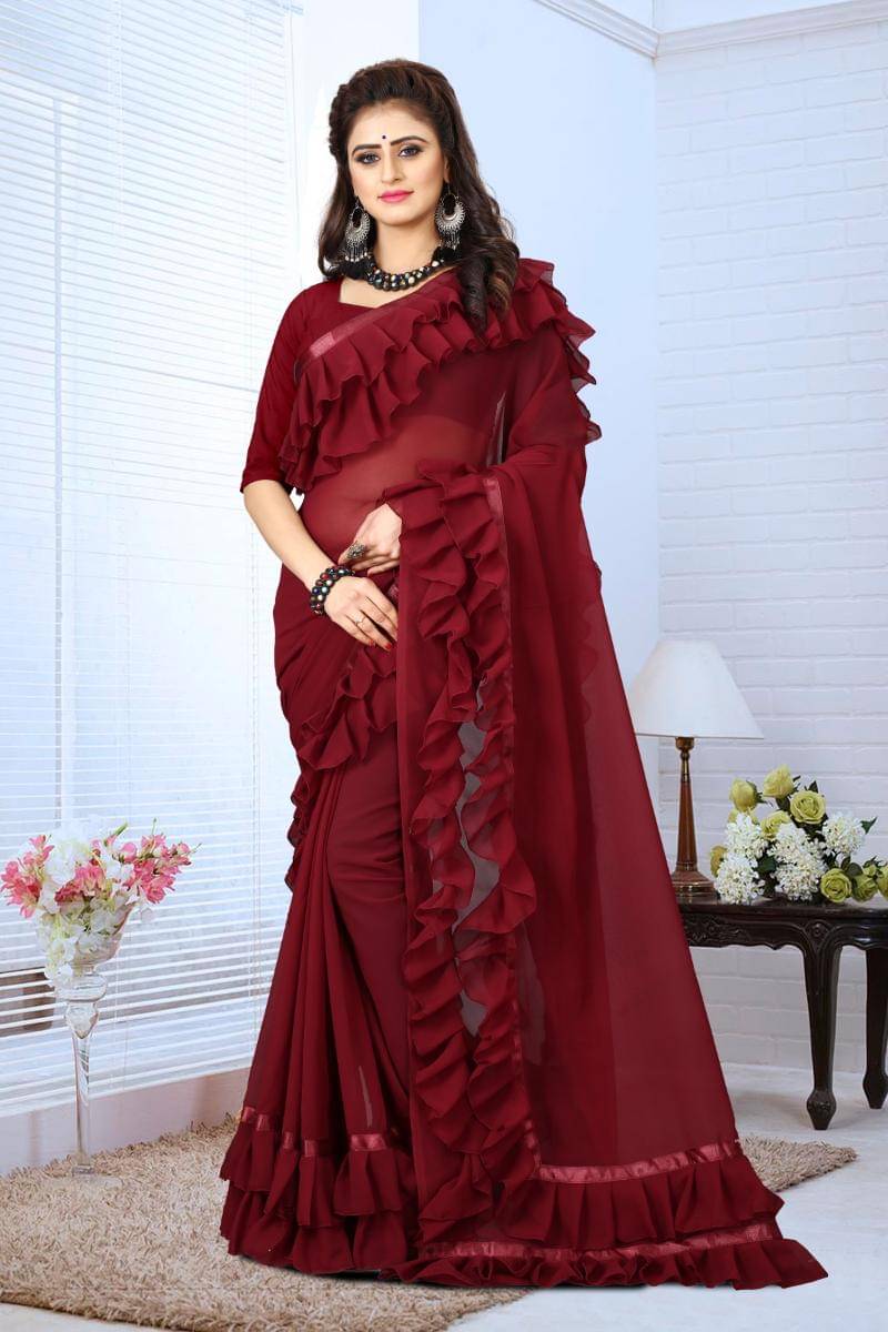F Fashion Georgette Self Design Regular Saree With Unstitched Blouse Piece ( Maroon ) F Fashion Georgette Self Design Regular Saree With Unstitched Blouse Piece ( Maroon )