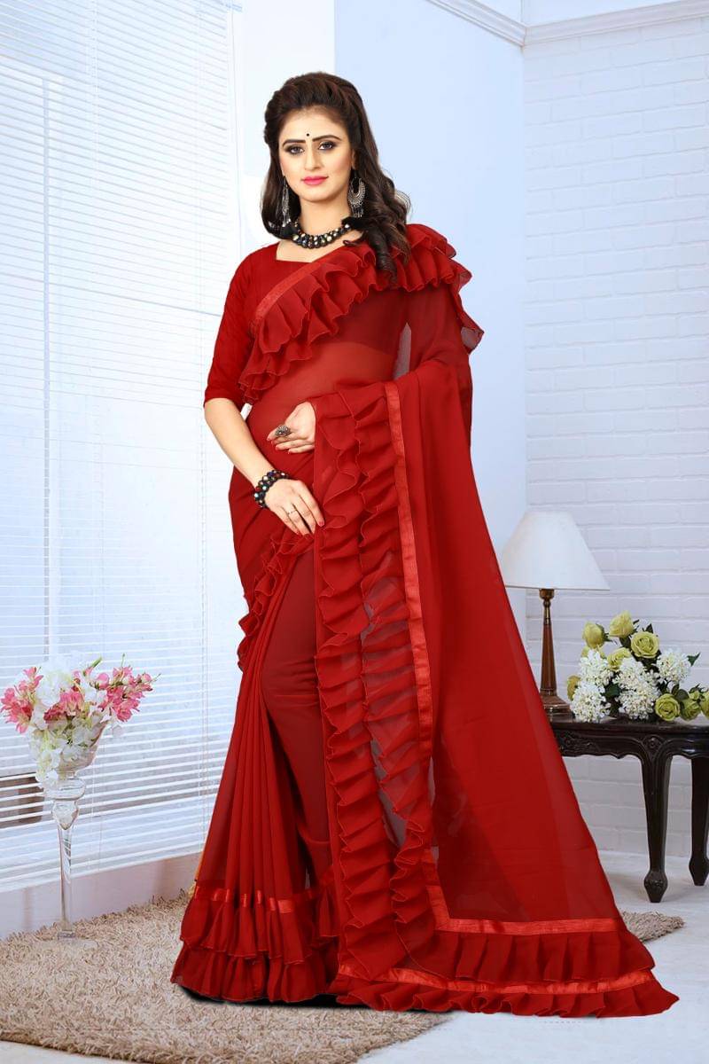 F Fashion Georgette Self Design Regular Saree With Unstitched Blouse Piece ( Red )     			F Fashion Georgette Self Design Regular Saree With Unstitched Blouse Piece ( Red )