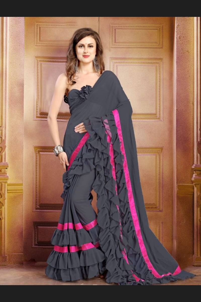     			F Fashion Georgette Solid Regular Saree With Unstitched Blouse Piece ( Grey )