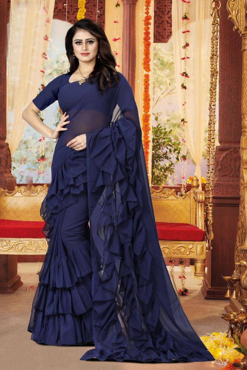F Fashion Georgette Woven Regular Saree With Unstitched Blouse Piece ( Navy Blue )     			F Fashion Georgette Woven Regular Saree With Unstitched Blouse Piece ( Navy Blue )