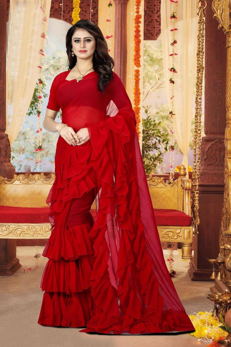 F Fashion Georgette Woven Regular Saree With Unstitched Blouse Piece ( Red )     			F Fashion Georgette Woven Regular Saree With Unstitched Blouse Piece ( Red )