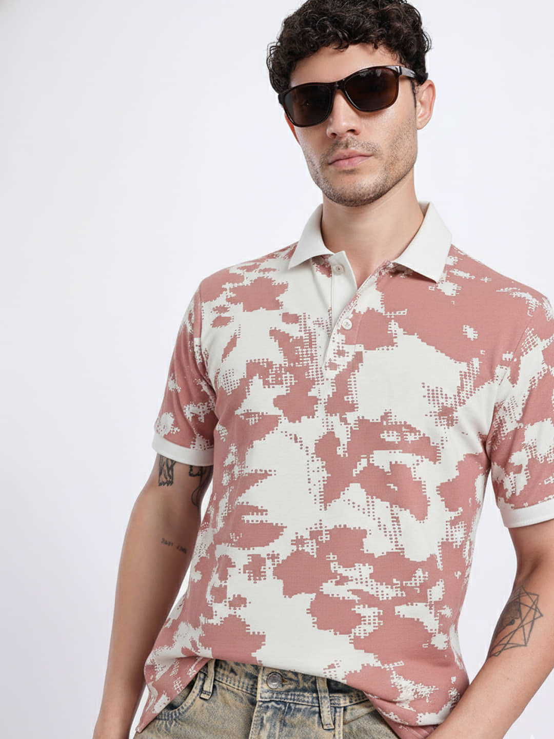 GET GOLF Men Cotton Blend Regular Fit Printed Polo T Shirt ( Peach )