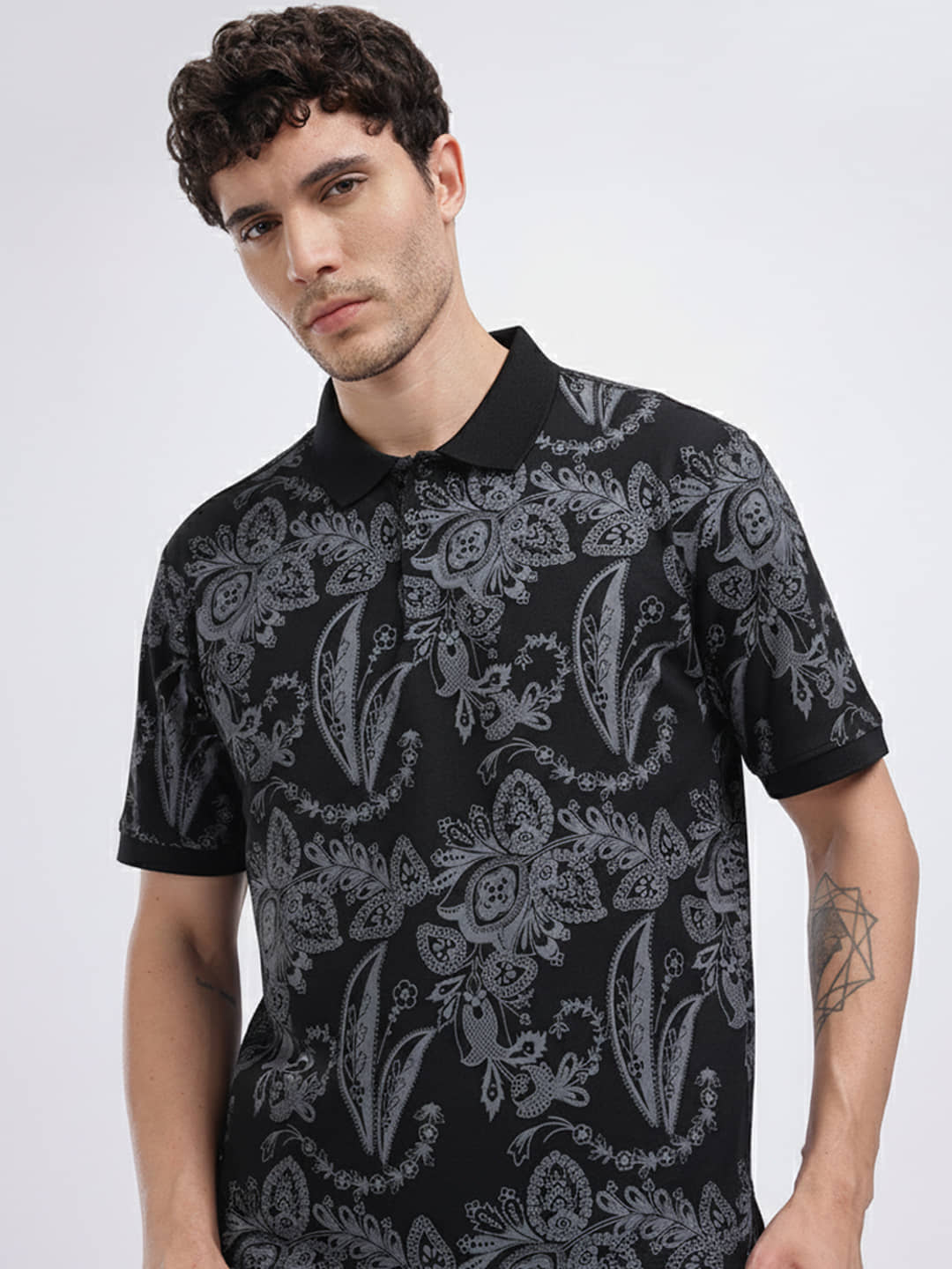 GET GOLF Men Cotton Blend Regular Fit Printed Polo T Shirt ( Black )