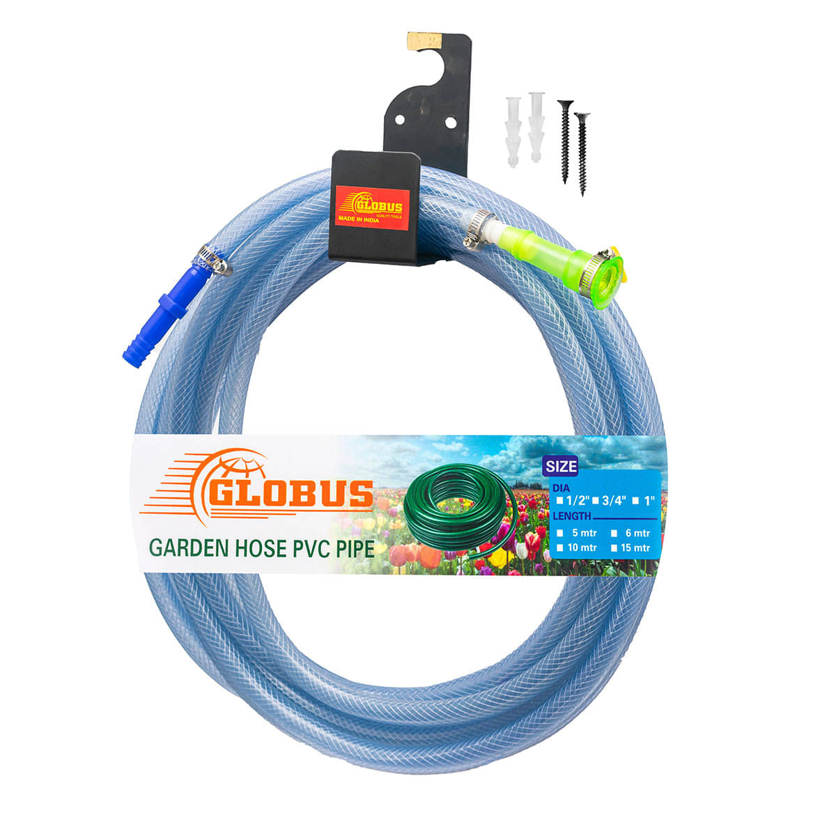 GLOBUS1684-GARDEN HOSE STEEL HANGER 6"(150mm) & TRANSPARENT NYLON HOSE(16 Feet/5Mtr) Size(1/2"/12.5mm)&ADAPTER/CONNECTOR/2CLAMPS/1BUTTERFLY CLP /2 Screws / 2 Sockets. GLOBUS1684-GARDEN HOSE STEEL HANGER 6"(150mm) & TRANSPARENT NYLON HOSE(16 Feet/5Mtr) Size(1/2"/12.5mm)&ADAPTER/CONNECTOR/2CLAMPS/1BUTTERFLY CLP /2 Screws / 2 Sockets.