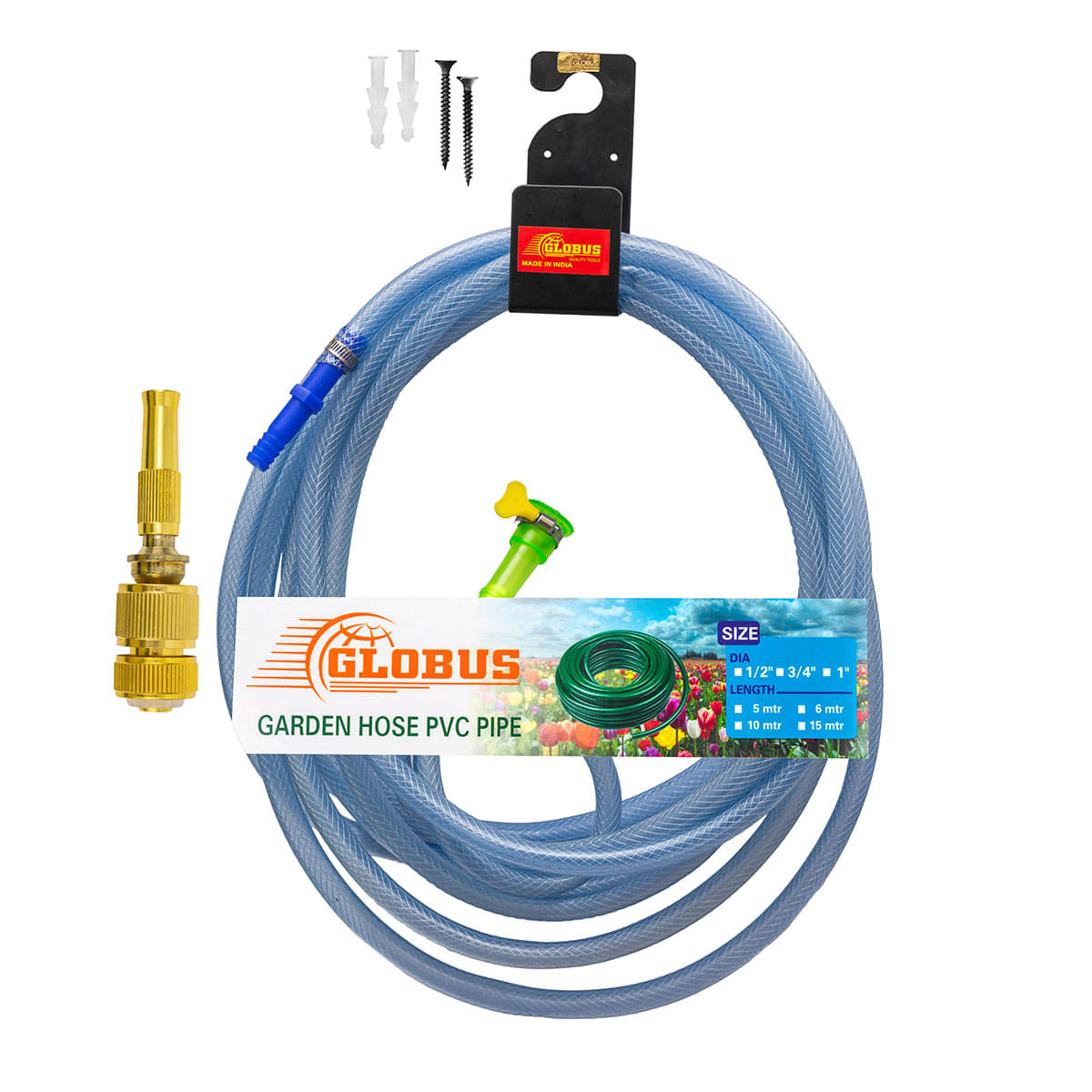 GLOBUS1685-Garden HOSE Steel Hanger 6"(150mm) & (16 Feet/5 Mtr),Size(1/2"/12.5mm) TRANSPARENT NYLON HOSE & GOLDEN SPRAYER/ADAPTER/CONNECTOR/2-CLIPS/1BUTTERFLY CLIP /2 Screws / 2 Sockets. GLOBUS1685-Garden HOSE Steel Hanger 6"(150mm) & (16 Feet/5 Mtr),Size(1/2"/12.5mm) TRANSPARENT NYLON HOSE & GOLDEN SPRAYER/ADAPTER/CONNECTOR/2-CLIPS/1BUTTERFLY CLIP /2 Screws / 2 Sockets.