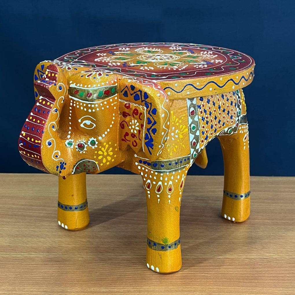 Hand-Painted Wooden Elephant Stool Yellow / Table – Rajasthani Decorative Art     			Hand-Painted Wooden Elephant Stool Yellow / Table – Rajasthani Decorative Art