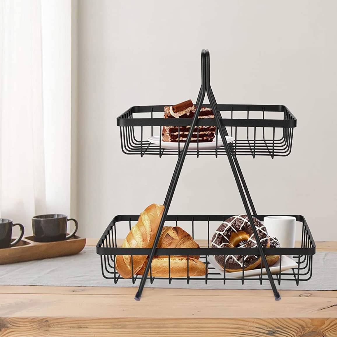 High Grade Carbon Steel 2-Tier Fruit & Vegetable Basket | Countertop Tiered Shelf For Dining Table | Snacks Storage Stand (Black) High Grade Carbon Steel 2-Tier Fruit & Vegetable Basket | Countertop Tiered Shelf For Dining Table | Snacks Storage Stand (Black)