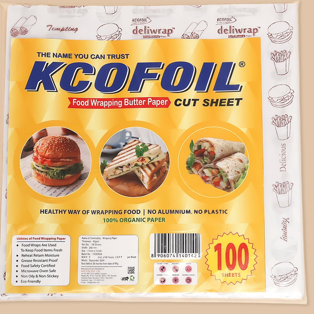     			Kcofoil 100 Pre Cut Sheet 11x11 inch Food wrapping Printed butter paper 100% Organic Parchment Paper