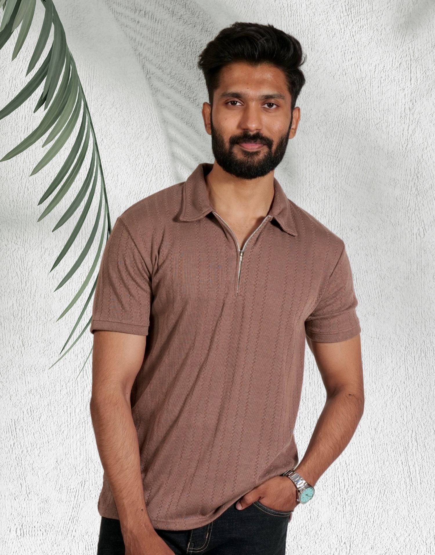 LYNX Men Cotton Relaxed Fit Self Design T-Shirt ( Brown )     			LYNX Men Cotton Relaxed Fit Self Design T-Shirt ( Brown )
