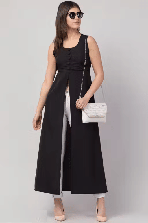 Lilyn Women Crepe Solid A-line Kurti ( Black ) Lilyn Women Crepe Solid A-line Kurti ( Black )