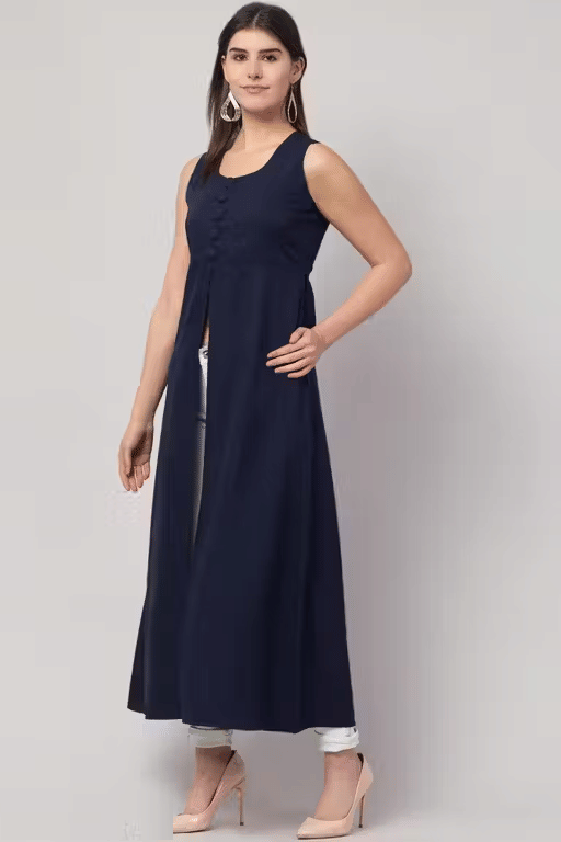 Lilyn Women Crepe Solid A-line Kurti ( Navy )     			Lilyn Women Crepe Solid A-line Kurti ( Navy )
