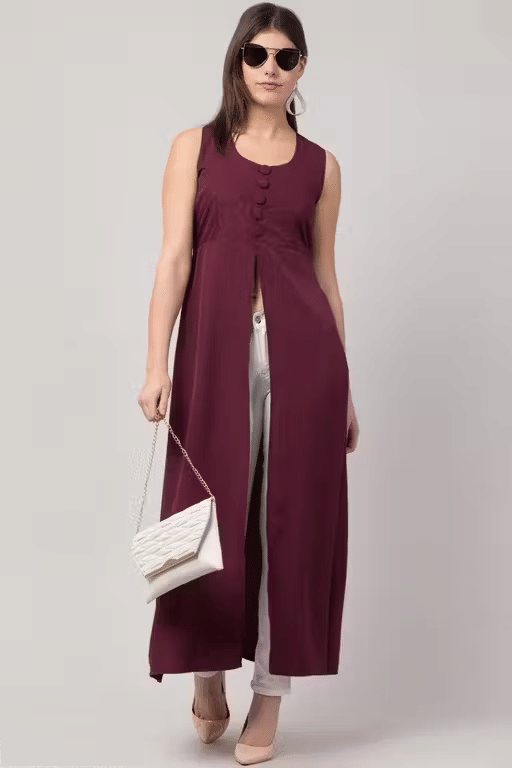 Lilyn Women Crepe Solid A-line Kurti ( Wine ) Lilyn Women Crepe Solid A-line Kurti ( Wine )