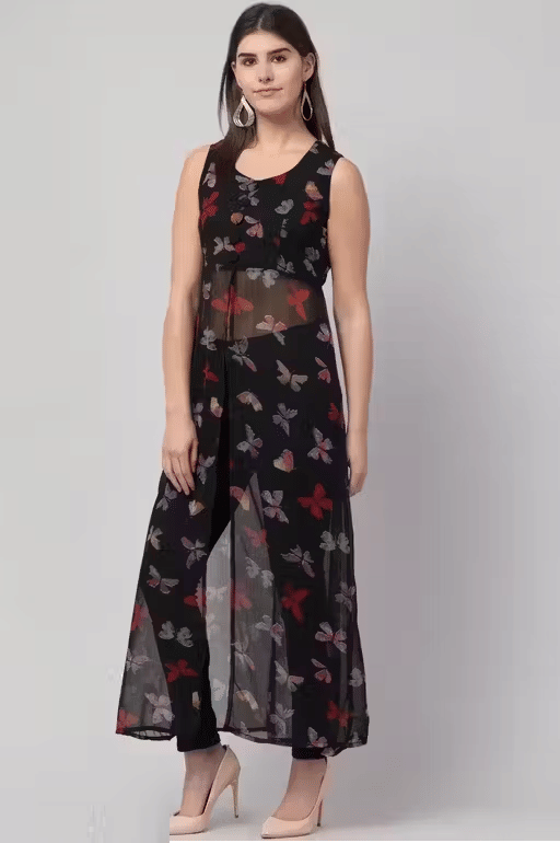 Lilyn Women Georgette Solid A-line Kurti ( Black ) Lilyn Women Georgette Solid A-line Kurti ( Black )