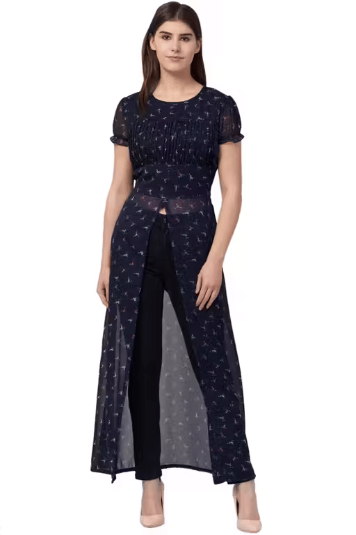 Lilyn Women Georgette Solid A-line Kurti ( Navy )     			Lilyn Women Georgette Solid A-line Kurti ( Navy )