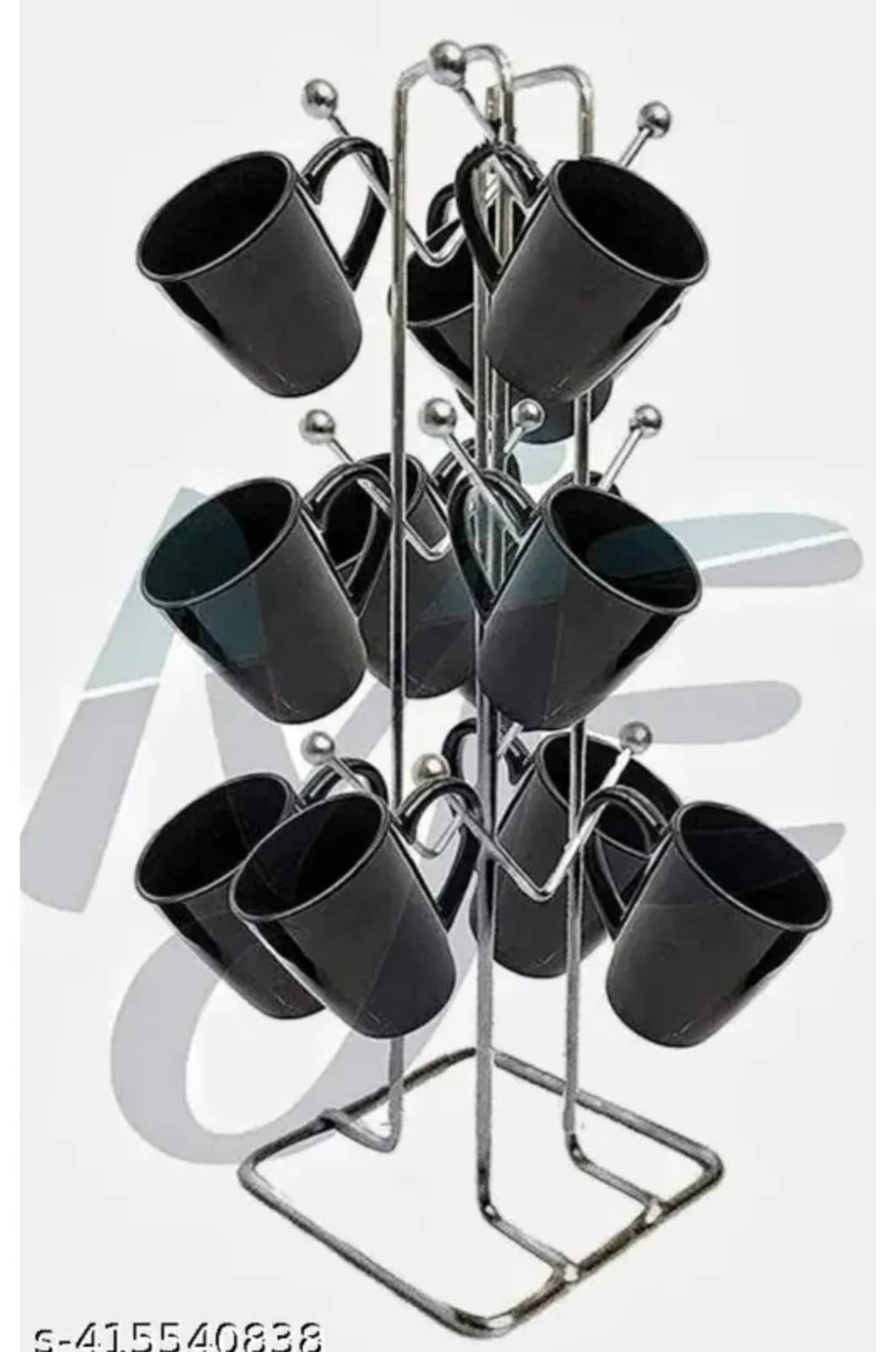     			Modern 6-Cup Mug Tree Stand, Black Ceramic Cups with Chrome Metal Holder, Countertop Coffee Cup Display Rack, Kitchen Storage Organizer