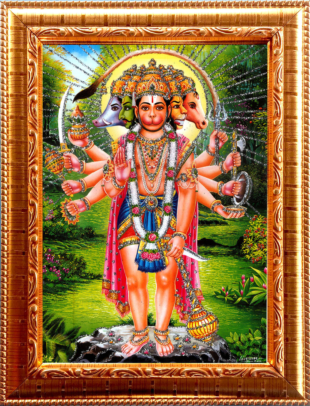PANCHAMUKHI BAJRANGBALI HANUMAN JI Golden Photo Frame with 6.75 inch (Width) x 8.75 inch (Length) inch Photo fitted With Wall Hanging Mount PANCHAMUKHI BAJRANGBALI HANUMAN JI Golden Photo Frame with 6.75 inch (Width) x 8.75 inch (Length) inch Photo fitted With Wall Hanging Mount