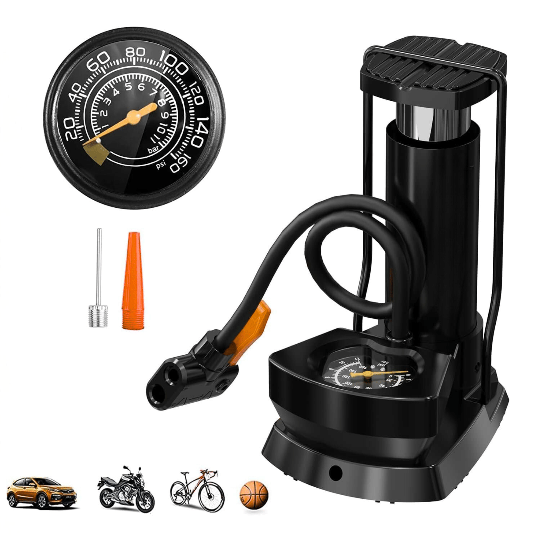 Portable High Pressure Bicycle Foot Pump with Pressure Gauge & Cylinder Portable High Pressure Bicycle Foot Pump with Pressure Gauge & Cylinder