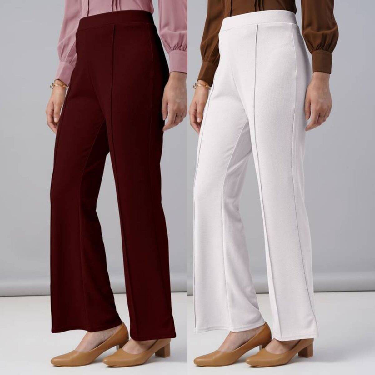     			Qyaas Women Polyester Casual Trousers ( Maroon,White )