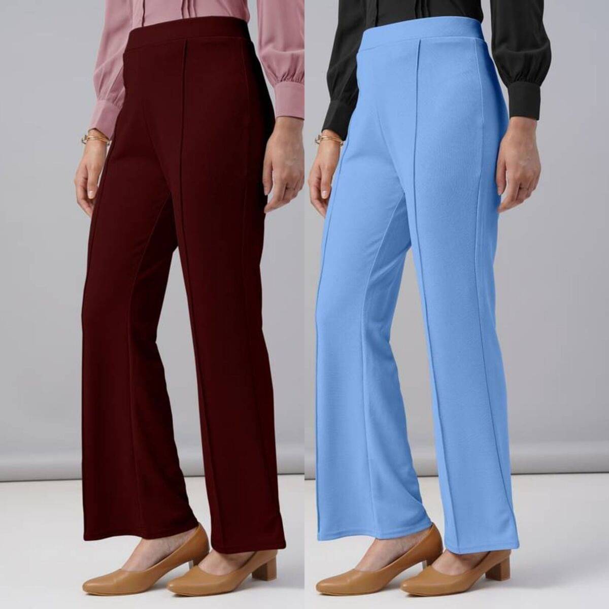     			Qyaas Women Polyester Casual Trousers ( Maroon,Light Blue )