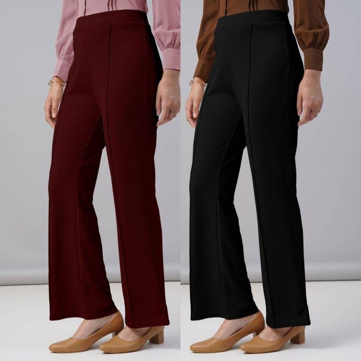    			Qyaas Women Polyester Casual Trousers ( Maroon,Black )
