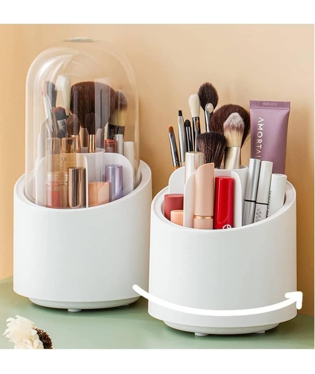 Rotating Storage Caddy for Pens, Makeup Brushes & Cosmetics | Clear Lid | Desktop Organizer     			Rotating Storage Caddy for Pens, Makeup Brushes & Cosmetics | Clear Lid | Desktop Organizer