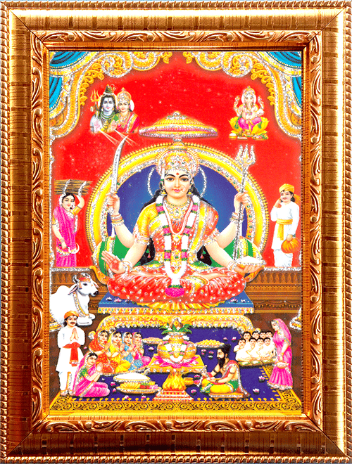 SANTOSHI MATA Golden Photo Frame with 6.75 inch (Width) x 8.75 inch (Length) inch Photo fitted With Wall Hanging Mount SANTOSHI MATA Golden Photo Frame with 6.75 inch (Width) x 8.75 inch (Length) inch Photo fitted With Wall Hanging Mount
