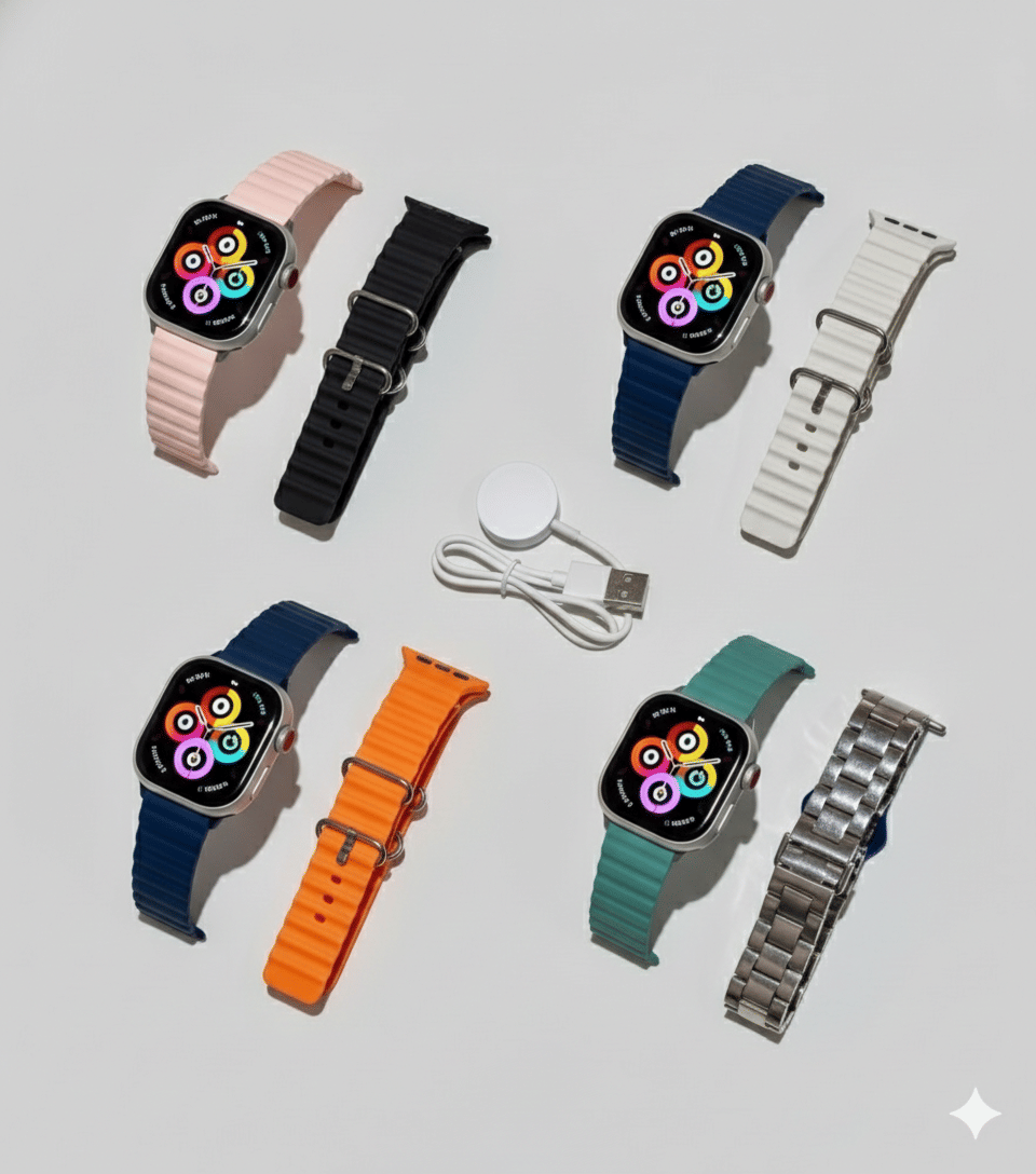     			"Smartwatch for Men and Women with 7 Straps Included, Large HD Touch Display, Fitness Activity Tracker, Heart Rate, Blood Oxygen Monitor, Bluetooth Call & Notification Function, Compatible with All Smartphones."