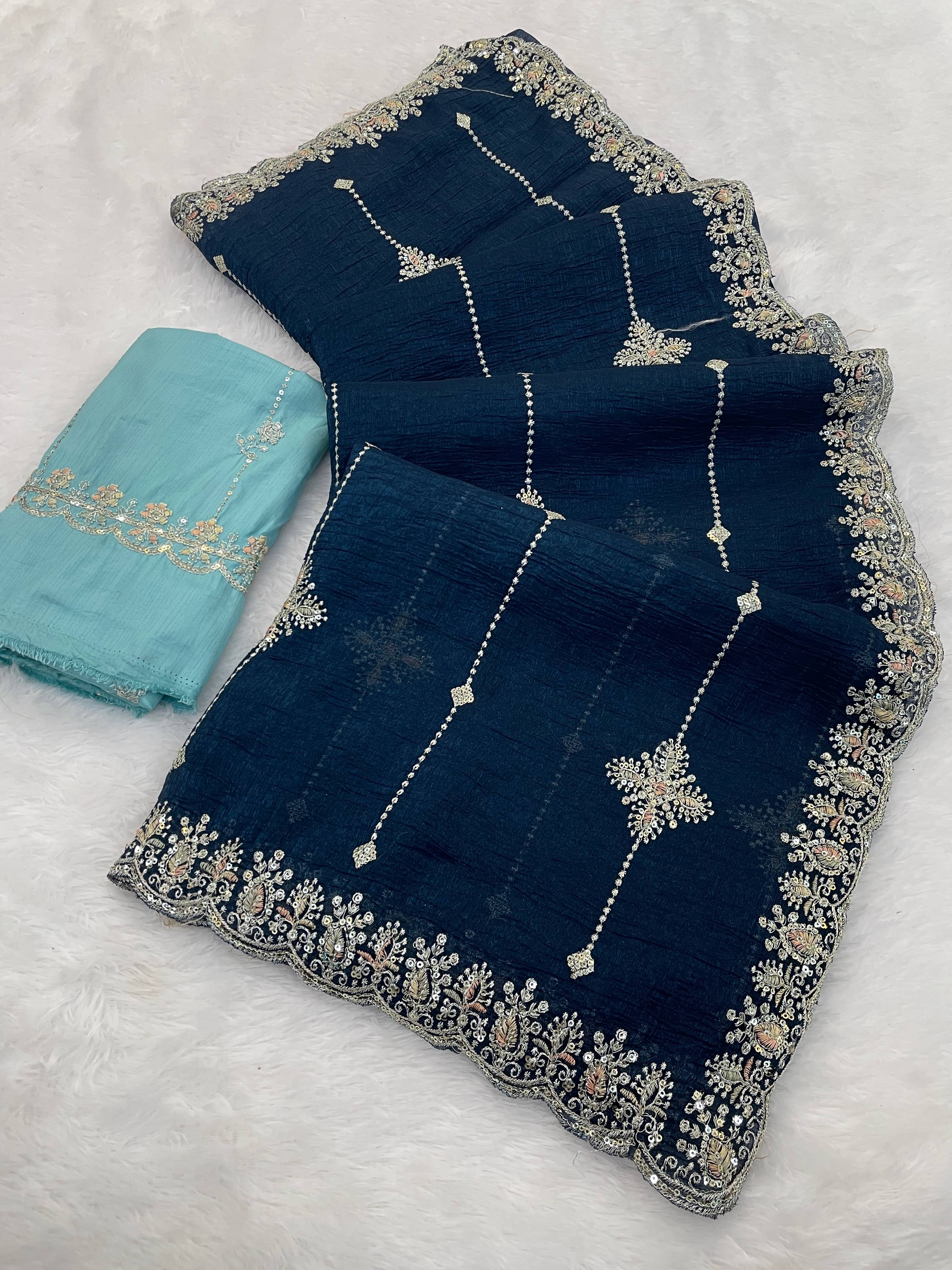     			THE STYLE CLUB Jimmy Choo Embroidered Regular Saree With Unstitched Blouse Piece ( Navy Blue )