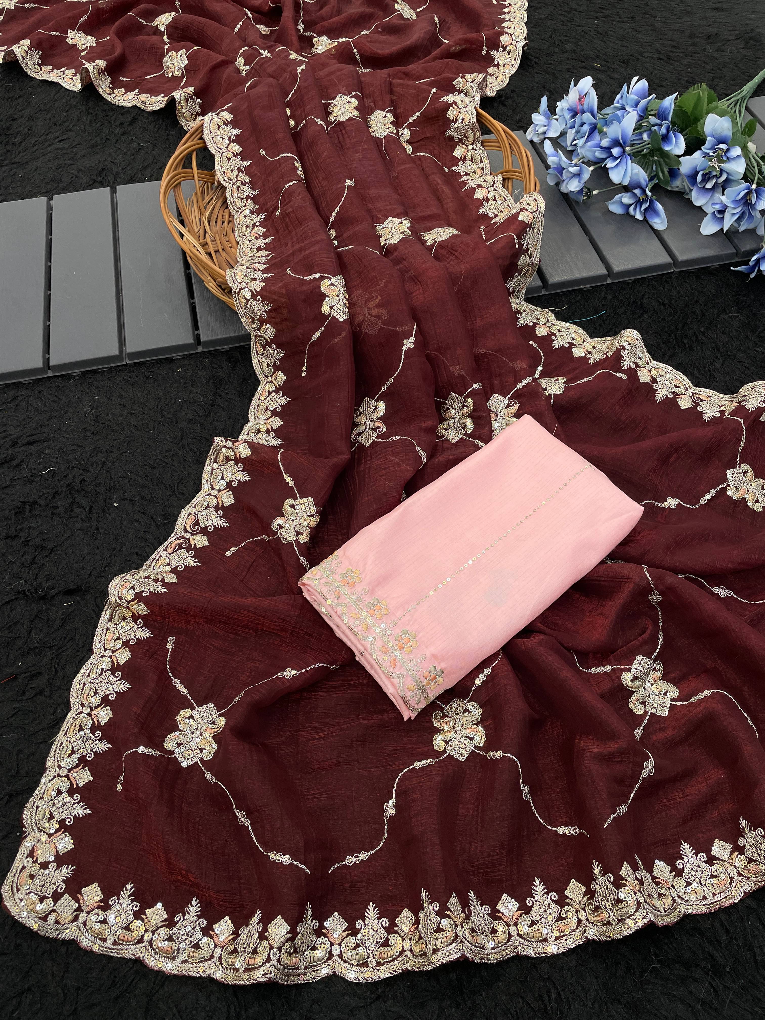 THE STYLE CLUB Jimmy Choo Embroidered Regular Saree With Unstitched Blouse Piece ( Maroon ) THE STYLE CLUB Jimmy Choo Embroidered Regular Saree With Unstitched Blouse Piece ( Maroon )