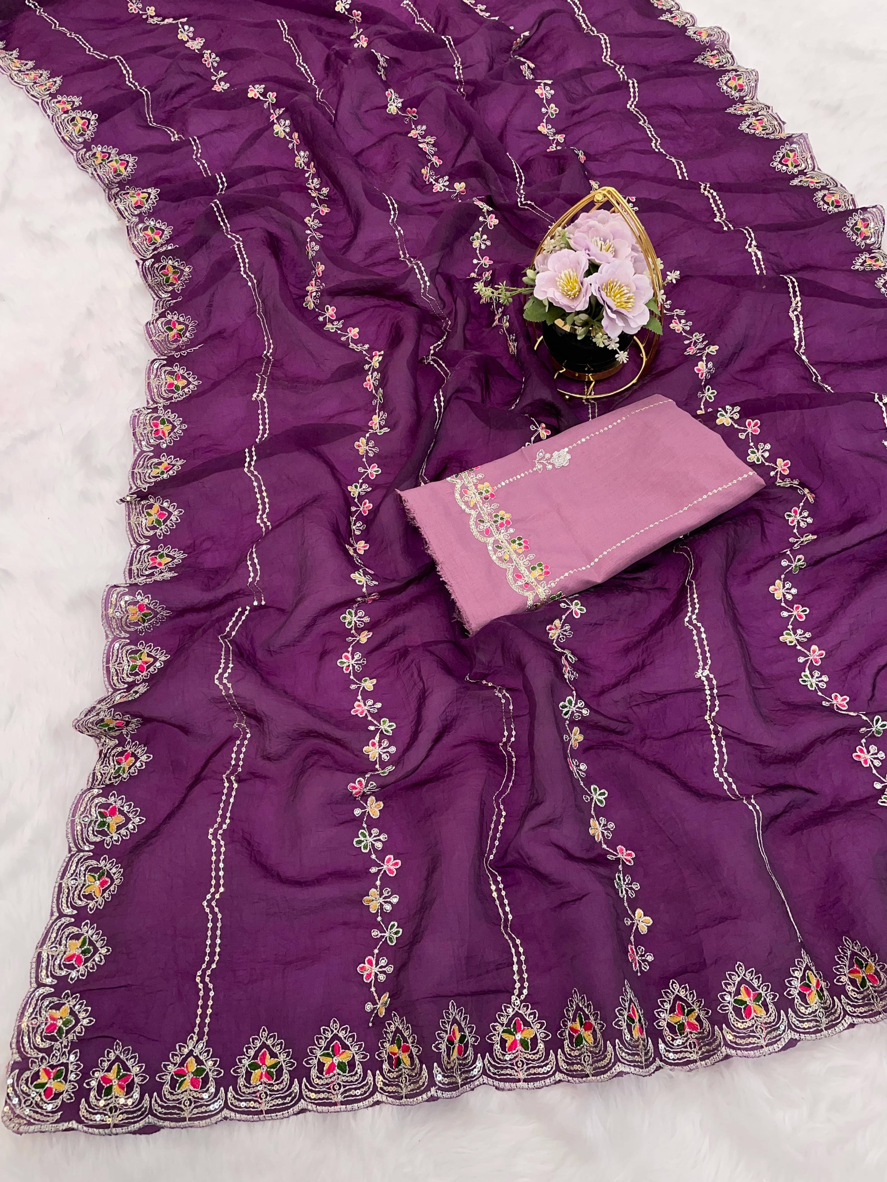 THE STYLE CLUB Jimmy Choo Embroidered Regular Saree With Unstitched Blouse Piece ( Purple ) THE STYLE CLUB Jimmy Choo Embroidered Regular Saree With Unstitched Blouse Piece ( Purple )