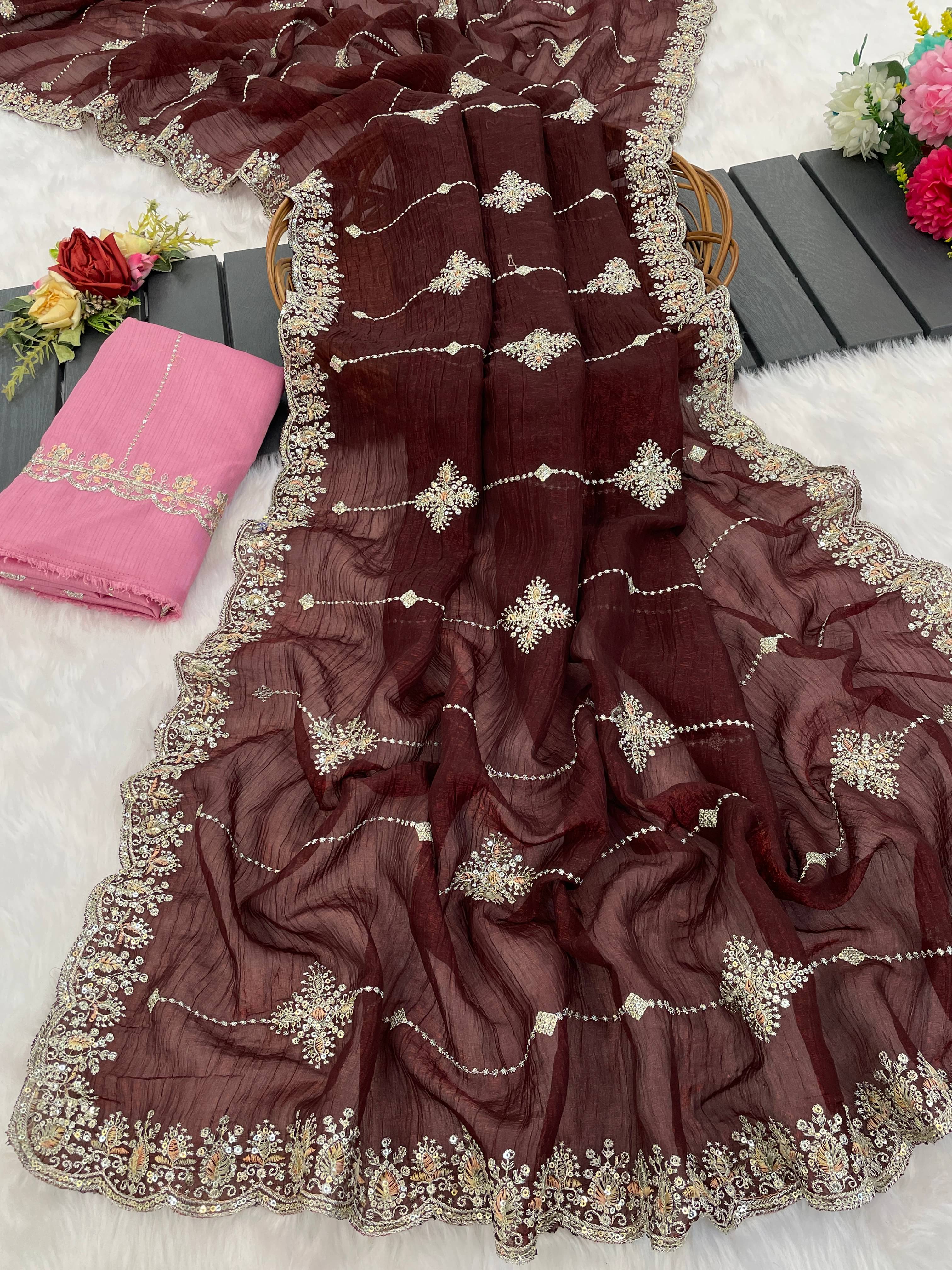 THE STYLE CLUB Jimmy Choo Embroidered Regular Saree With Unstitched Blouse Piece ( Brown )     			THE STYLE CLUB Jimmy Choo Embroidered Regular Saree With Unstitched Blouse Piece ( Brown )