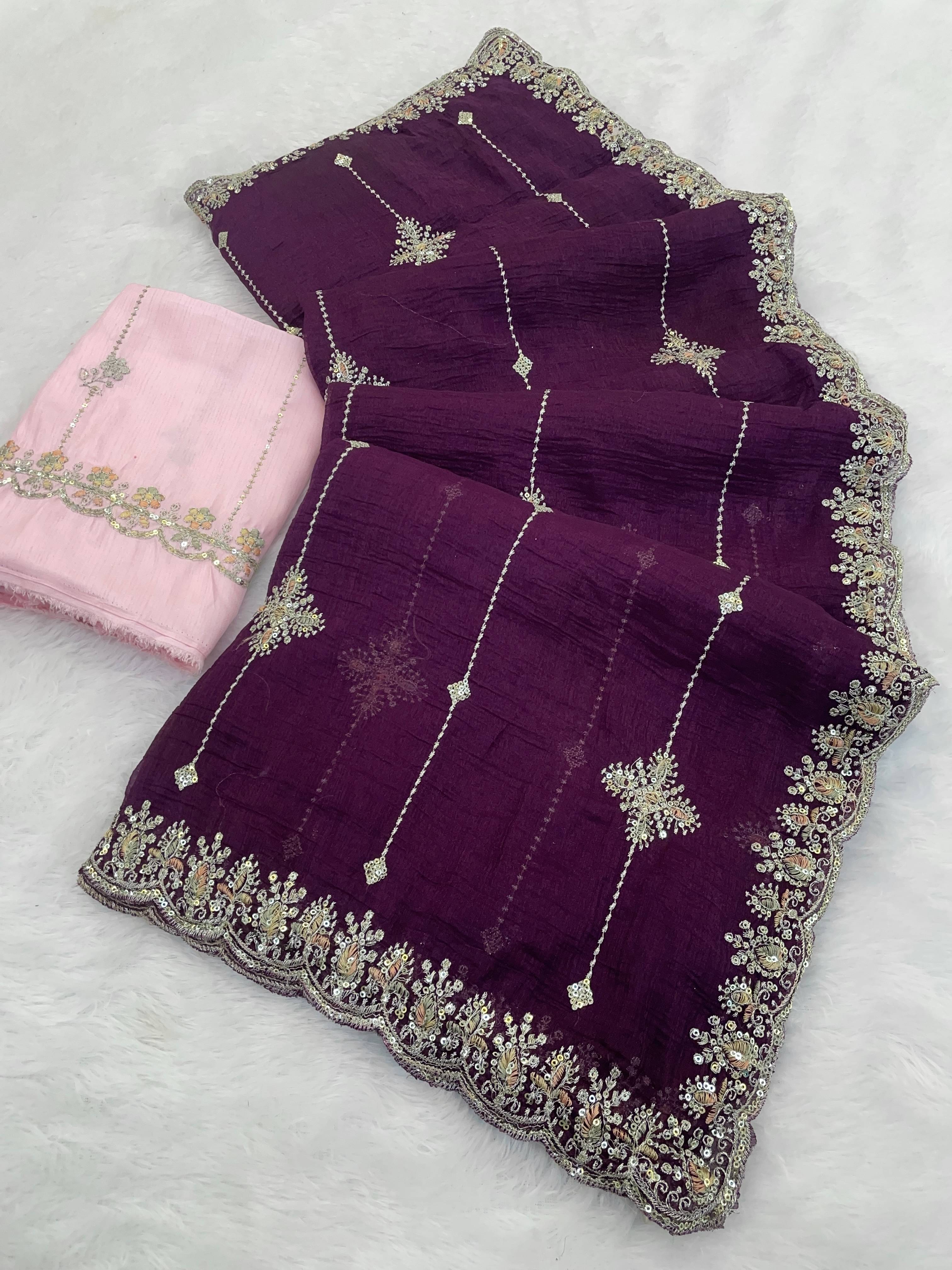THE STYLE CLUB Jimmy Choo Embroidered Regular Saree With Unstitched Blouse Piece ( Purple ) THE STYLE CLUB Jimmy Choo Embroidered Regular Saree With Unstitched Blouse Piece ( Purple )